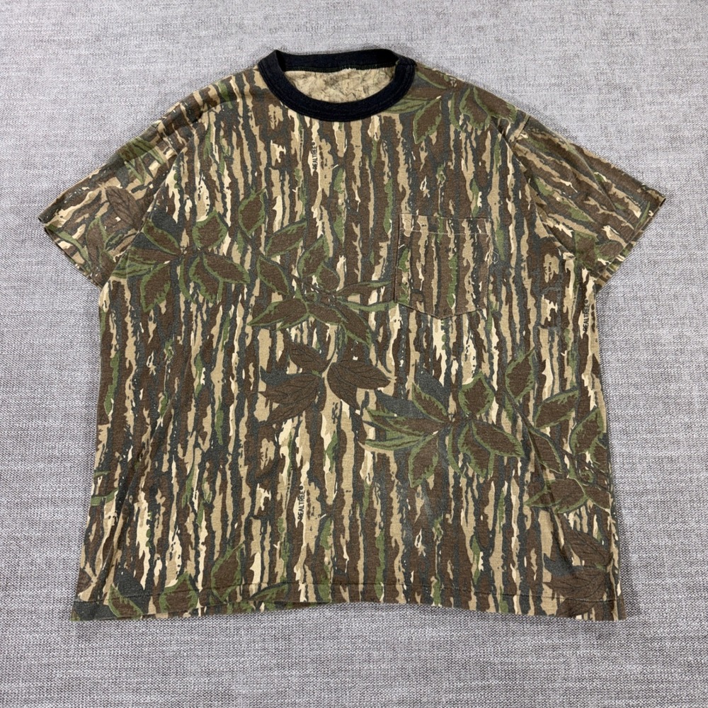 Realtree Camo Pocket T-Shirt Mens XL Brown Green Vintage Good Ringer Tee E980